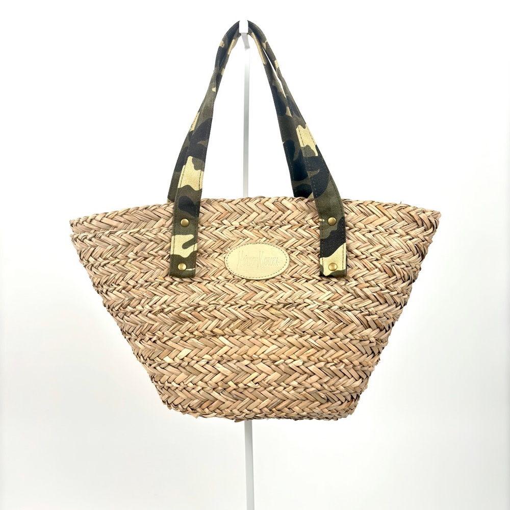 NEIMAN MARCUS Open Top Khaki Camo Canvas Straw Tote Bag